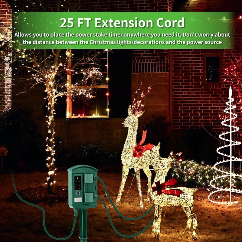 QITIM Outdoor Power Stake Timer for Christmas Light Decorations Waterproof, Dusk to Dawn, Outdoor Power Strip with 6 Outlets, 1875W/15A, 100FT Wireless Remote Control, 25FT Extension Cord, Heavy Duty - Image 2